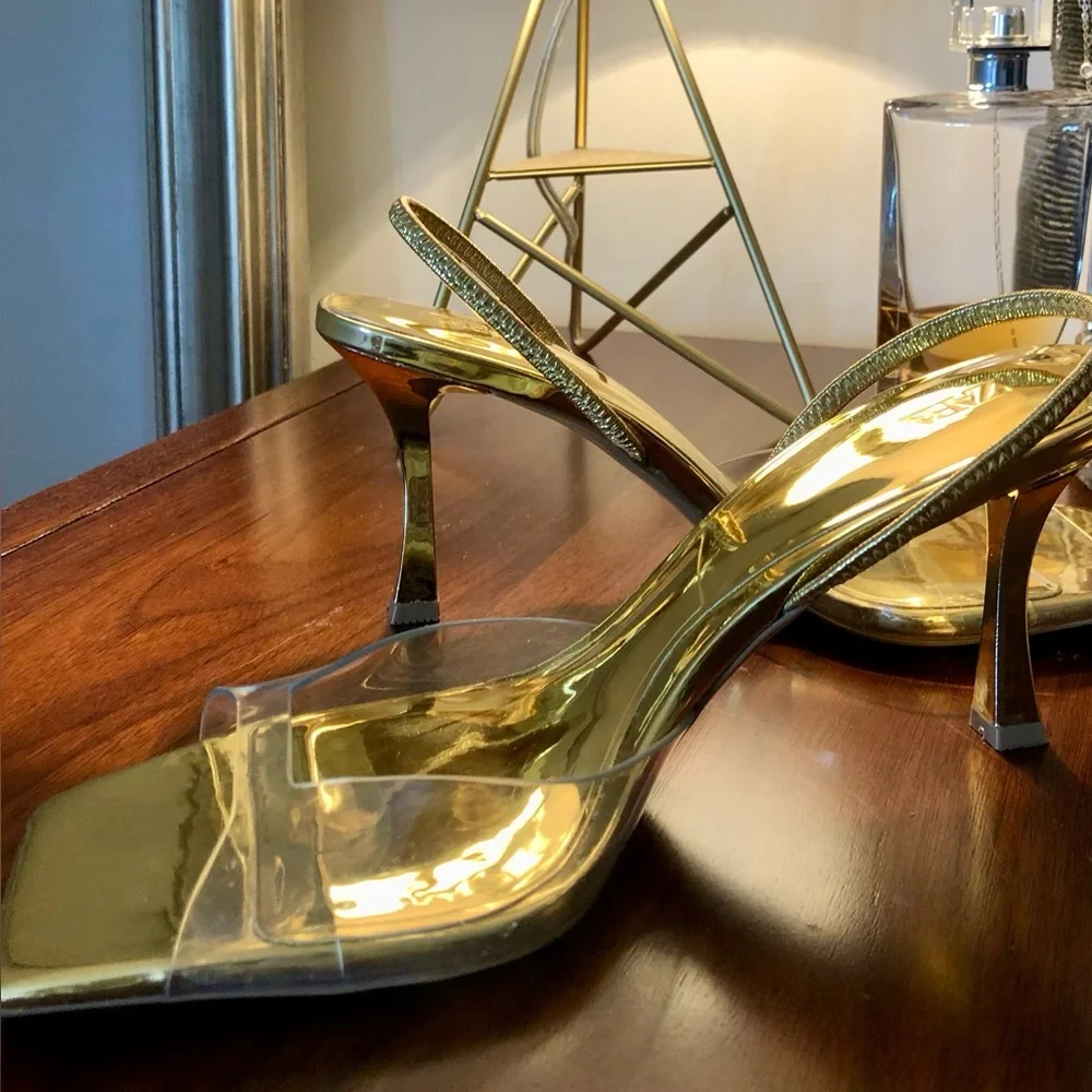 ZARA Gold Metallic Heel Sandals with Clear Strap - Picture 3 of 6